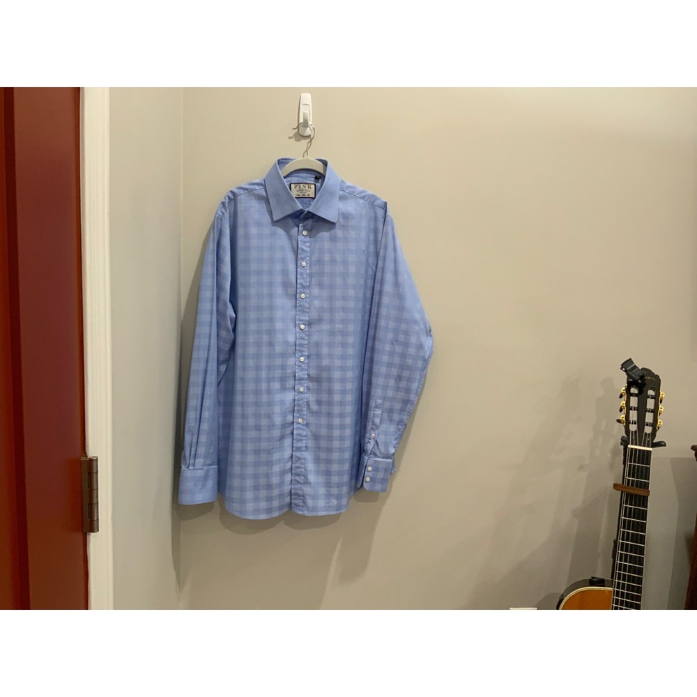 Thomas Pink Super Slim Fit Dress Shirt Mens 44cm Blue Gingham Check Made in UK